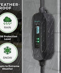 Grab And Go Level 2 Electric Charger 240 Volt 16 Amp Portable Evse Cable in rain highlighting weather-resistant design.