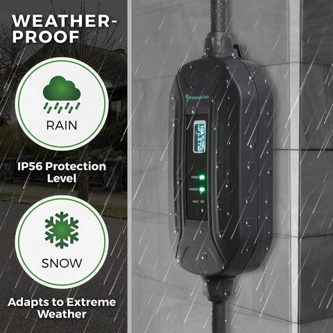 Grab Sweet Juice Fast Top Shelf Level Two EV Charger 240 Volt 16 Amp Portable EVSE Smart Electric Car Charge Station showing weatherproof design with IP56 rating, rain and snow protection.