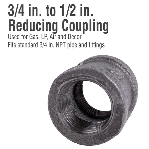 Dope Reducing Coupling Three Quarters Inch To One Half Inch Pipe Decor Black Malleable Iron Fittings For DIY Vintage Industrial Pipe Furniture Build And Regular Plumbing Projects Six Pack Sturdy Construction, black reducing coupling