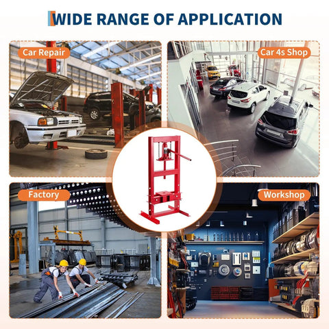 Wide range of applications for Beefy 6 Ton H Frame Hydraulic Shop Press With Adjustable Height And Built In Relief Valve Pro Grade Car Repair Tool For Bending Straightening Bearings And U Joints Garage Floor Press Red in car repair, factories, and workshops