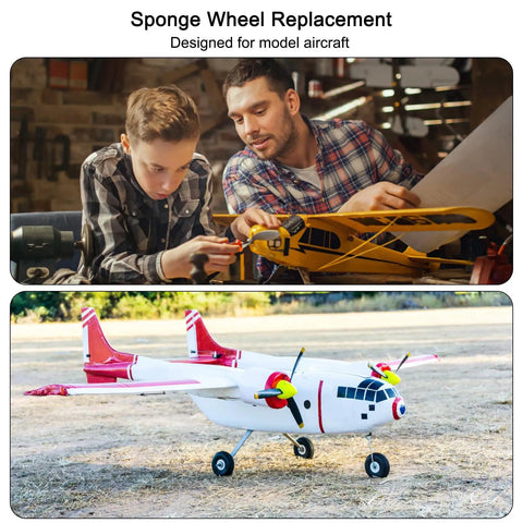 Lightweight Foam Wheel Set For RC Airplanes And Helicopters on model planes, showing easy installation and detail of wheels.
