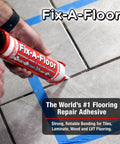 Person applying Fix-A-Floor adhesive with a caulking gun on tiled floor, emphasizing strong bond for tile repair and re-bonding.