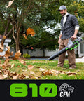 Man using Cordless 60V Electric Leaf Blower With 810 CFM And Variable Speed, Includes 2.5Ah Battery And Charger on fallen leaves