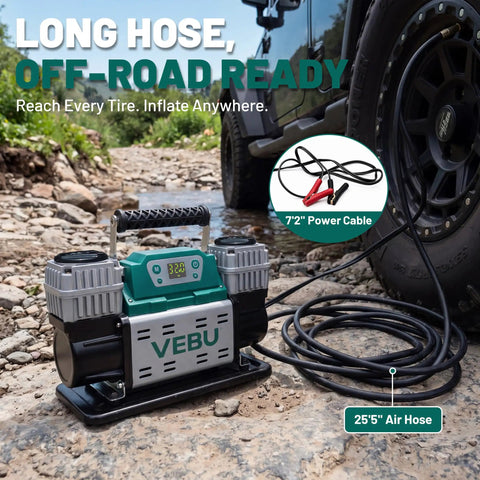 Heavy Duty 12V Air Compressor Tire Inflator With Auto Shut Off Digital Preset 150PSI Rapid Fill placed near off-road tire.