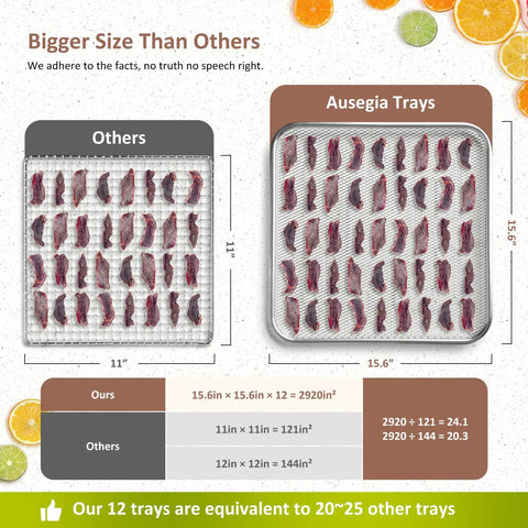 Heavy Duty Commercial Food Dehydrator With Twelve Roomy Trays comparison of tray sizes for beef jerky drying, stainless steel construction.