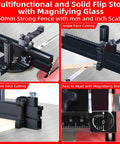 Professional Portable Miter Gauge For Table Saw With 18 Inch Fence And Quick Release Flip Stop, Nail On Perfect Crosscuts And Smooth Angle Cuts Every Time, Carpenter Approved Rig For 3/4 By 3/8 Slots with magnifying glass and 460mm strong fence.
