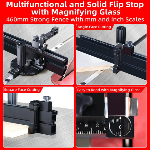 Professional Portable Miter Gauge For Table Saw With 18 Inch Fence And Quick Release Flip Stop, Nail On Perfect Crosscuts And Smooth Angle Cuts Every Time, Carpenter Approved Rig For 3/4 By 3/8 Slots with magnifying glass and 460mm strong fence.