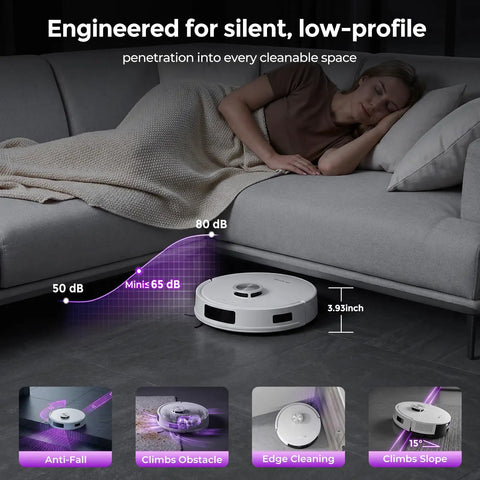 Low-profile Robot Vacuum and Mop Combo with Bagless Self-Emptying Station 18000Pa Suction; operates quietly under furniture