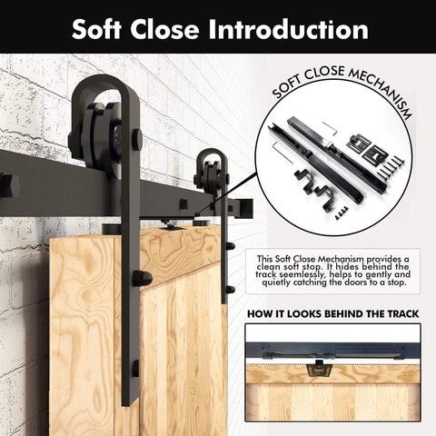 Black Rustic Non-Bypass Sliding Barn Door Hardware Kit For Indoor Use with soft close mechanism, shown partially assembled.