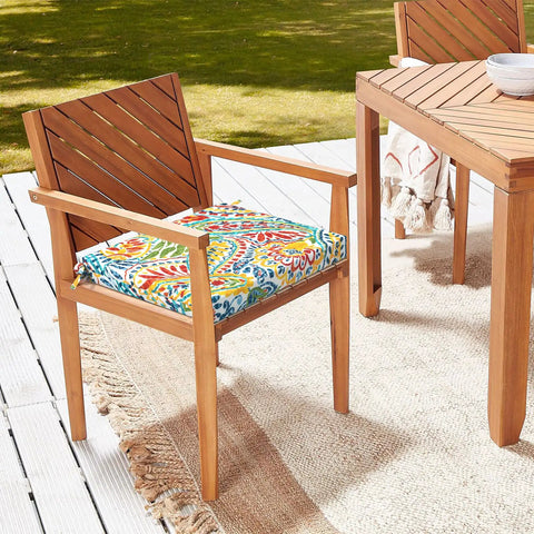 Outdoor Square Chair Cushions With Ties, Water Repellent Patio Seat Pads, 18.5 x 16 x 2 Inches, Set Of 4, Paisley Multi Pattern on chair