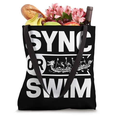 Paddler Tote Bag For Dragon Boat Racing And Dragonboating Fans with 'SYNC OR SWIM' text and graphic, filled with groceries.