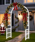 Heavy Duty PVC Garden Arbor Arch For Plant Climbing, 94 Inch Tall Backdrop Stand with festive decorations in front of house