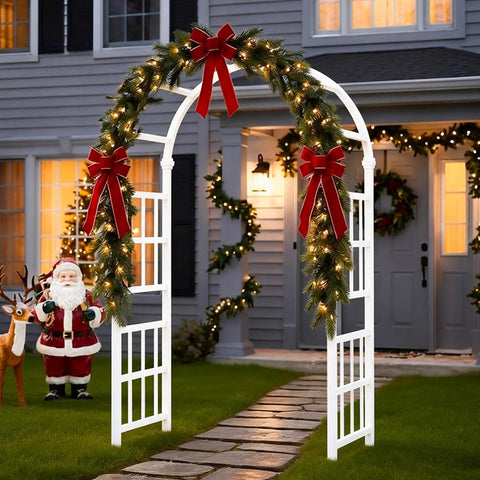Heavy Duty PVC Garden Arbor Arch For Plant Climbing, 94 Inch Tall Backdrop Stand with festive decorations in front of house