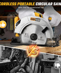 Heavy Duty Workhorse 7 Inch Brushless Cordless Circular Saw With Right Bevel Design And 8000 Rpm Spin cutting through wood.