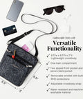 Pocket Crossbody Bag For Women, Lightweight Durable Nylon, Water Resistant Travel Purse With RFID Wristlet, Compact 8x8 Inch Size shown with items.