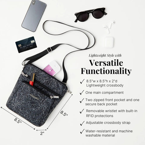 Pocket Crossbody Bag For Women, Lightweight Durable Nylon, Water Resistant Travel Purse With RFID Wristlet, Compact 8x8 Inch Size shown with items.