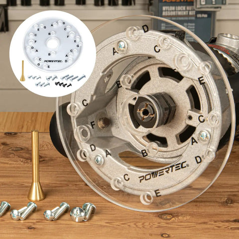 Clear Acrylic Router Base Plate With Centering Pin And Predrilled Letter Marked Holes Six And A Half Inch By Five Sixteenths Inch Thick Includes Screws Ready To Install Fits Bosch Dewalt Ryobi Porter Cable Makita And More on router with parts