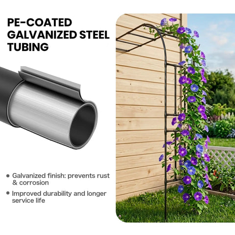 Half Garden Arch Trellis For Climbing Plants Outdoor, Wall Mounted Beefy Black Metal Arbor with flowers and galvanized steel