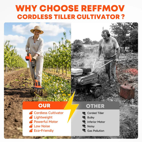 Comparison of cordless garden tiller cultivator with 21V battery to gas-powered tiller, emphasizing lightweight and eco-friendly benefits.