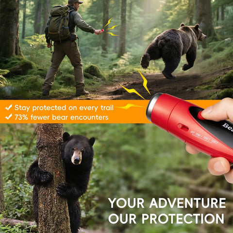 Man using 120dB Bear Bell With Electronic Air Horn Dual Bear Deterrent System For Hiking Camping Fishing And Biking Women Pro Safety Kit