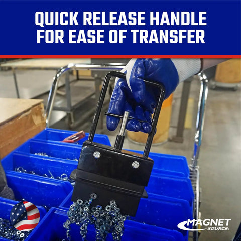 Heavy Duty Magnetic Bulk Parts Lifter With Release And Handle For Nails And Metal Up To Five Pounds in use for quick transfer