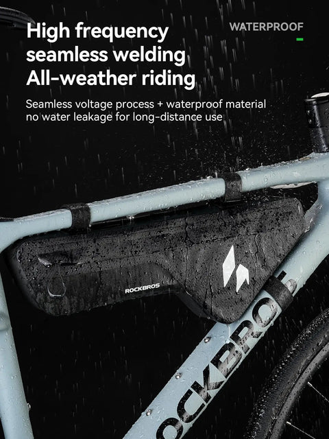 Waterproof Bike Frame Bag With Seamless One Piece Construction Front Bag With Four Sided PP Reinforcement on a bike in rain.