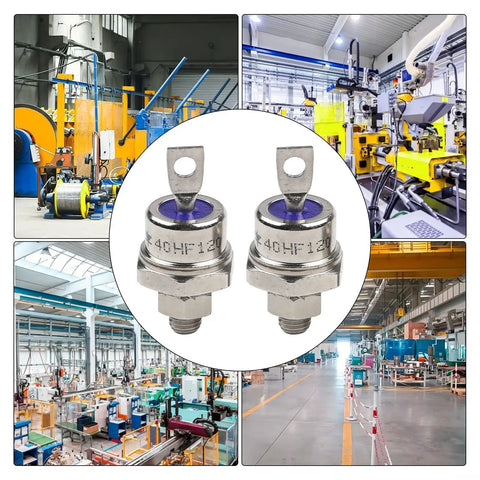 Pack Of Two Built Tight Stud Mount Diode Rectifiers Rated 40 Amps And 1200 Volts displayed in an industrial setting with machinery.