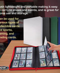 9-Pocket LX Top Loader Binder in black leatherette with archival safe side-loading pages displaying sports cards on table.