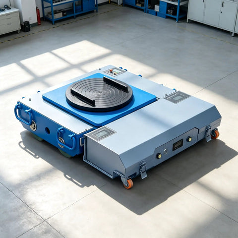 Built Like A Tank Heavy Duty High Capacity Electric Transfer Cart With One Touch Remote Control Featuring Trackless Design For Rugged Workshop Floors Industrial Hauling shown from above with rubber tires and large flat deck.