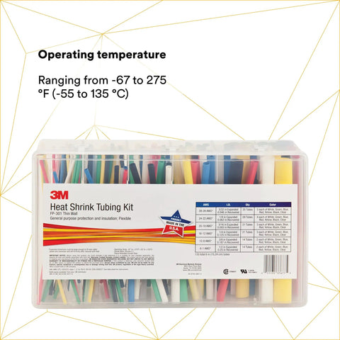 Heat Shrink Tubing Assortment Kit FP-301 With 133 Color Tubes displayed in a box, showing operating temperature range.