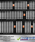 Detailed view of 258 Piece Ultimate Screwdriver Bit Set With Chrome Vanadium Bits Security Bits Nut Drivers Extensions And Bit Holder Includes Case For Home DIY And Professional Use showcasing bits.
