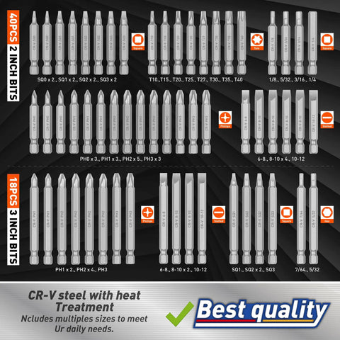Detailed view of 258 Piece Ultimate Screwdriver Bit Set With Chrome Vanadium Bits Security Bits Nut Drivers Extensions And Bit Holder Includes Case For Home DIY And Professional Use showcasing bits.