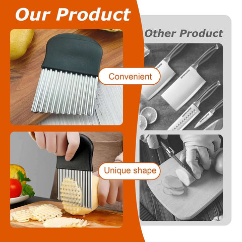 Waffle fry cutter for potatoes with metal crinkle blades and black handle (2-pack)