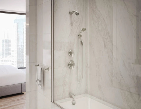 Bathroom with Carrington Shower Valve Trim Satin Nickel For Use With 262BODY Valve Not Included ADA Compliant Brass Lever Handle