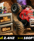 Epic 1:18 Scale RC Monster Truck With Water Spray And Dancing Spins, 4WD Off Road Beast, remote with two batteries shown