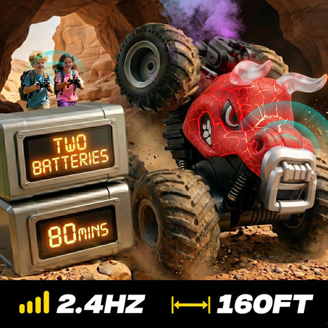 Epic 1:18 Scale RC Monster Truck With Water Spray And Dancing Spins, 4WD Off Road Beast, remote with two batteries shown