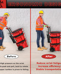 Before and after comparison of worker using Packout Front Wheel Caster Kit For Milwaukee Packout Heavy Duty 200 Lb Capacity Steel Construction.