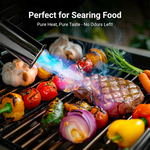 Powerful Propane Kitchen Torch For Searing Steak, Grilling And BBQ, Adjustable Flame, Culinary Blow Torch in use on grill