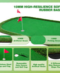 Heavy Duty 5x10ft Golf Putting Green Training Mat With Realistic Turf Arc Shaped Indoor Outdoor Putting Green For Practice, Parties And Leisure Time, Anti Slip 10mm Rubber Base featuring artificial grass and putting grass close-up.