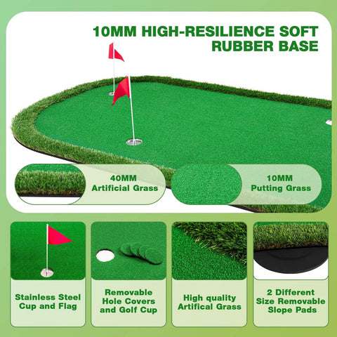 Heavy Duty 5x10ft Golf Putting Green Training Mat With Realistic Turf Arc Shaped Indoor Outdoor Putting Green For Practice, Parties And Leisure Time, Anti Slip 10mm Rubber Base featuring artificial grass and putting grass close-up.