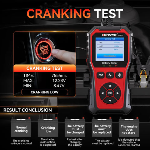 Universal 6V 12V 24V Car Battery Tester With Cloud Report For Quick Health Check Voltage Readout Charge Status And Cranking And Charging System Diagnostics In One Handy Automotive Tool showing cranking test results