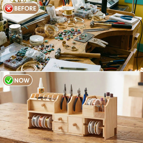 Wooden Jewelers Bench Top Tool Organizer With 3 Layer 4 Drawers For Pliers Screwdrivers Files Spools Of Wire And Cord On Your Workbench For Easy Access And Garage Or Shop Storage