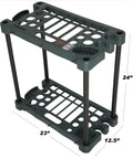 Garden Tool Organizer 23 Inch Utility Rack That Holds Up To 30 Yard Tools For Maximum Floor Space Indoor Outdoor Garage Storage With Diverse Slots For Rakes, Brooms, Extension Cords, And Hand Tools Green, showcasing black and green plastic frame with labeled dimensions 23 inches length by 12.5 inches width and 24 inches height.