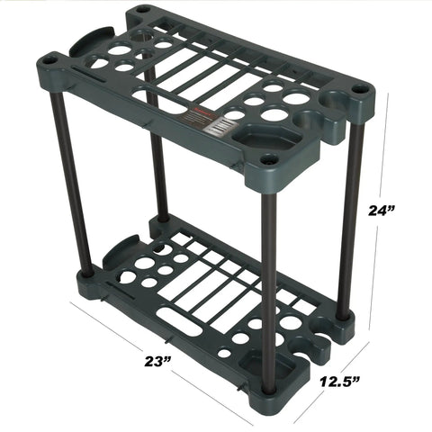 Garden Tool Organizer 23 Inch Utility Rack That Holds Up To 30 Yard Tools For Maximum Floor Space Indoor Outdoor Garage Storage With Diverse Slots For Rakes, Brooms, Extension Cords, And Hand Tools Green, showcasing black and green plastic frame with labeled dimensions 23 inches length by 12.5 inches width and 24 inches height.