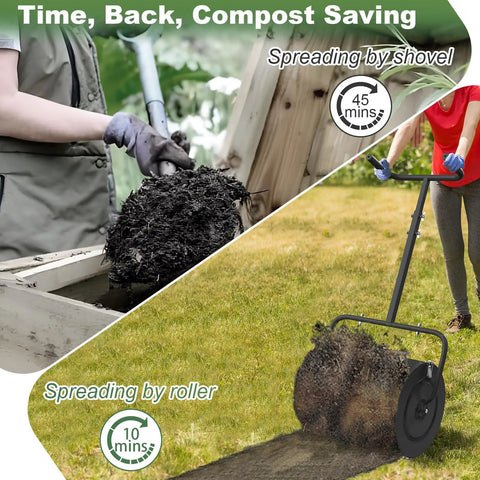Person using Lightweight 24 Inch Compost Spreader With U Shaped Handle And Durable Metal Mesh Basket on lawn and garden
