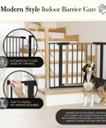 Rock Solid Wooden Dog Gate With Walk Through Swing For Indoor Puppy Protection And Pressure Mount Setup Secures Easily Against Walls And Stairs Like A Glove Without Drills, shown with dog and modern design.