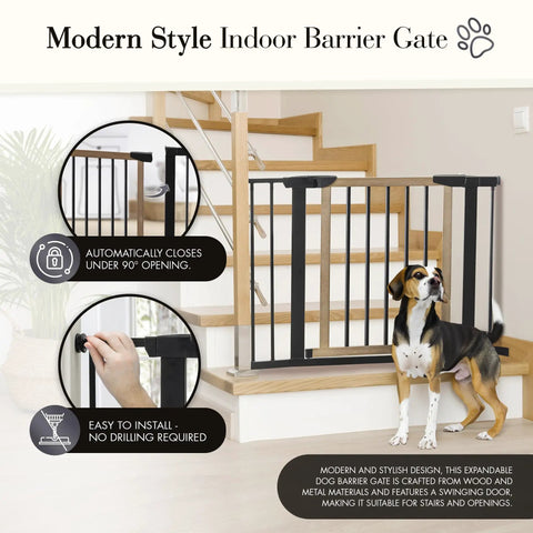 Rock Solid Wooden Dog Gate With Walk Through Swing For Indoor Puppy Protection And Pressure Mount Setup Secures Easily Against Walls And Stairs Like A Glove Without Drills, shown with dog and modern design.