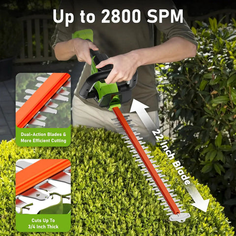Cordless Hedge Trimmer With 22 Inch Dual Action Blade And 2800 SPM, Three Quarters Inch Cutting Capacity in use on garden hedge