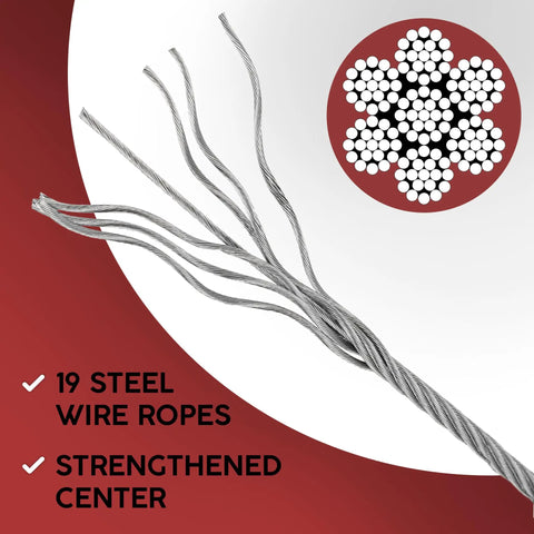 2 Pack 13.5 Ft Garage Door Cable Torsion Spring Wire Replacement Cables For Heavy Duty Garage Door Repair, Galvanized Steel Cable Wire showing 19 steel wire ropes and strengthened center.