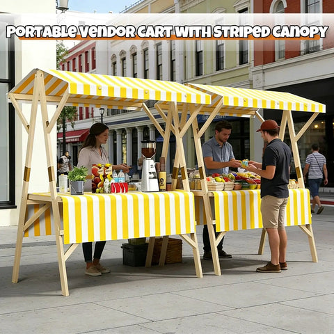 Collapsible Wooden Vendor Cart With Canopy Hella Spacious Market Stall Rack For Street Food And Outdoor Events Built Tough With Quick Snap Assembly Sweet Olive Green Finish Plus Ample Counter Space For Your Mobile Business Gear in a sunny street market.
